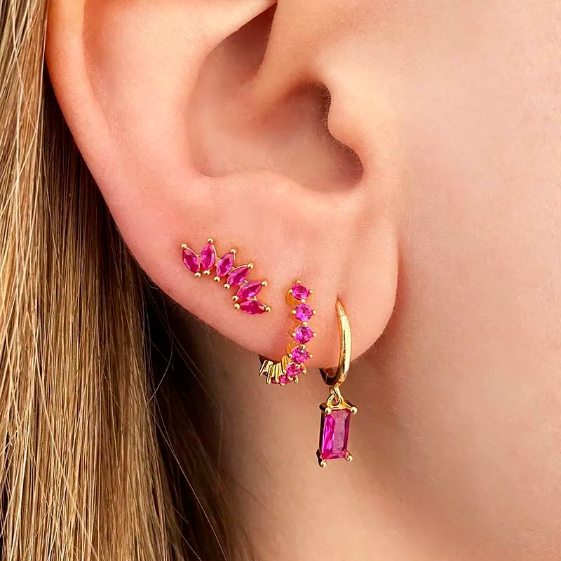 925 Sterling Silver Needle Rose Red Crystal Stud Earrings For Women Water Drop/Heart Pendant Gold Earrings Fashion Jewelry Gifts