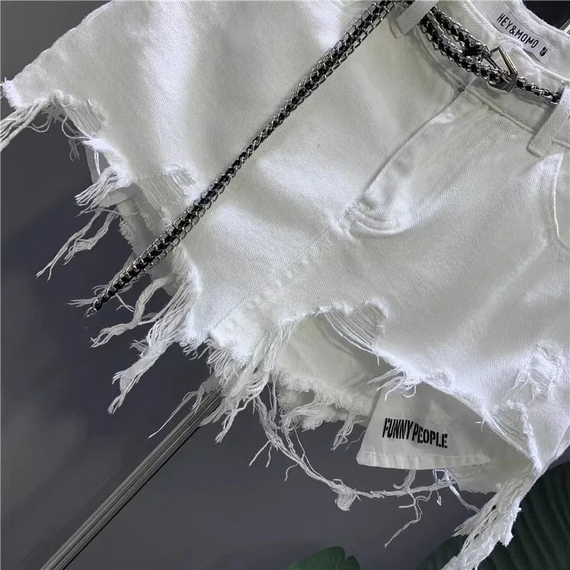 2024 New Korean White Raw Irregular Denim Skirt Women's Anti-Walk Naked Hole Pocket Exposed Short Skirt