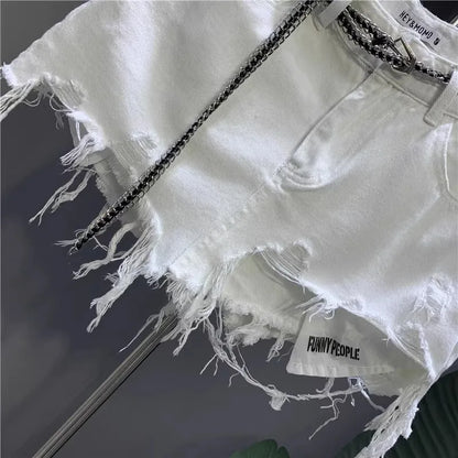 2024 New Korean White Raw Irregular Denim Skirt Women's Anti-Walk Naked Hole Pocket Exposed Short Skirt