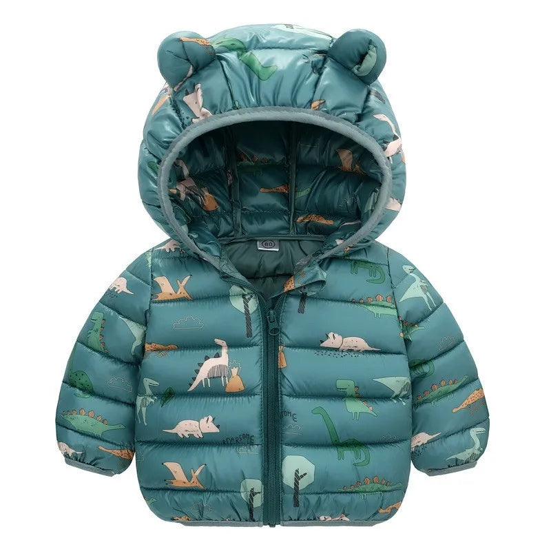 Lightweight Down Jacket Kids Boy Girl Baby Cartoon Gray Dinosaur Zipper Hooded Coats Autumn Winter Christmas Outerwear 1-5 Years