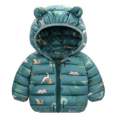 Lightweight Down Jacket Kids Boy Girl Baby Cartoon Gray Dinosaur Zipper Hooded Coats Autumn Winter Christmas Outerwear 1-5 Years