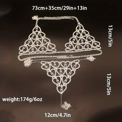 Bohemian rhinestone plaid chest chain and Thong jewelry underwear women's shoulder straps 2024 new bra sexy mesh body