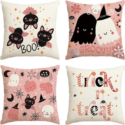 Halloween Shh Cute Ghost Fashionable Trick or Treat Pink Throw Pillow Cover Cushion Cover Sofa Decoration 40X40cm