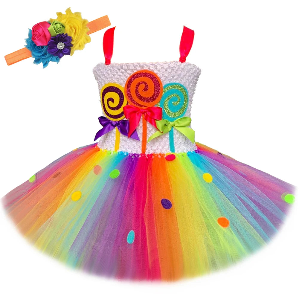 Rainbow Candy Lollipop Costume for Girls Birthday Party Tutu Princess Dress Ball Gown Kids Carnival Christmas Halloween Clothes