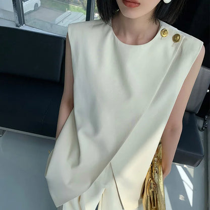 Beige two-piece suit women's summer 2024 new irregular fashion sleeveless vest top high waist wide-leg pants suit