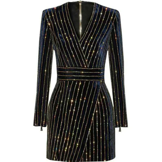 Sparkling Striped Long Sleeve Dress Black V-Neck Full Sleeve Women's Dress