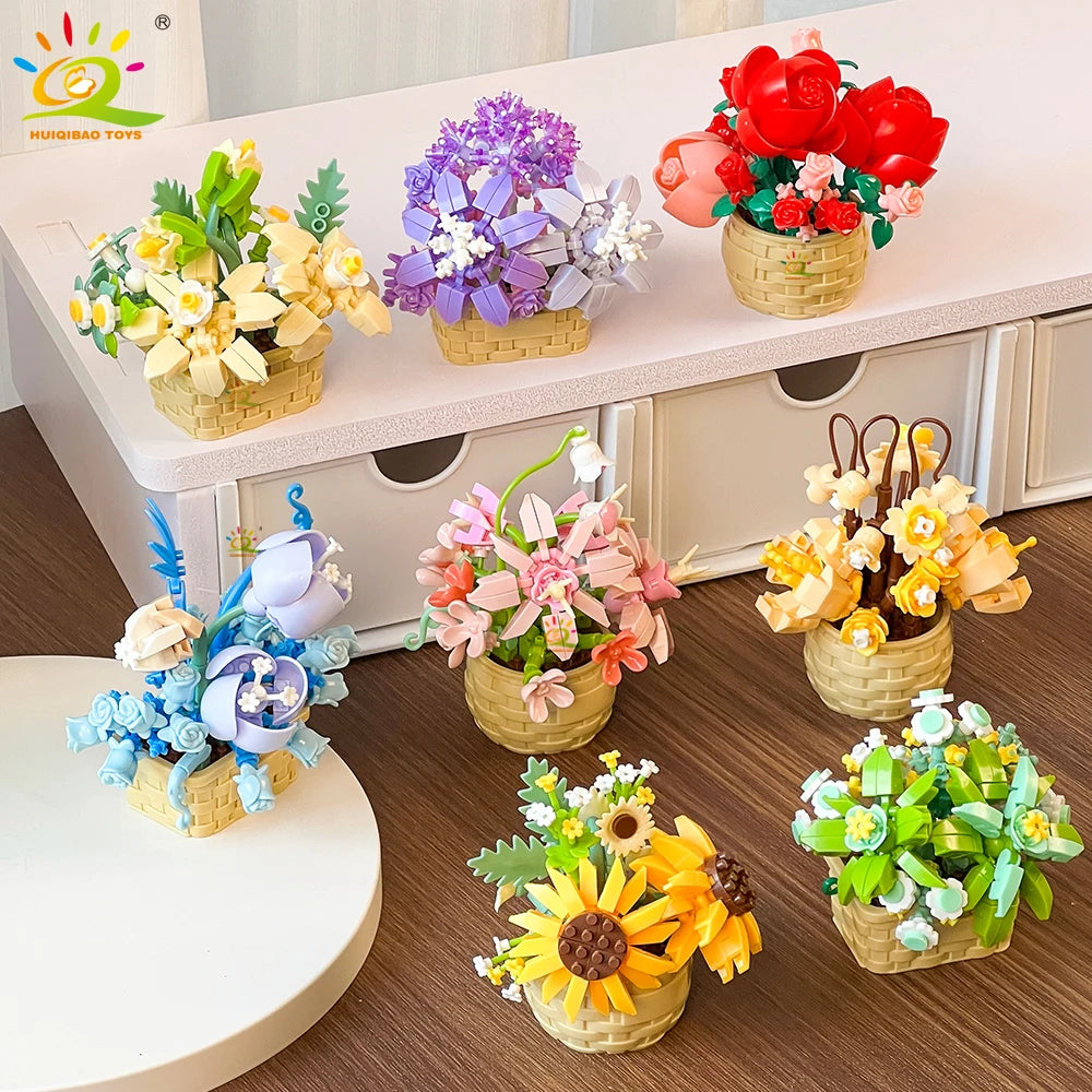 HUIQIBAO Eternal Flower Model Bouquet Potted Plant Micro Building Blocks MOC DIY Home Desk Decoration Brick Toy For Children