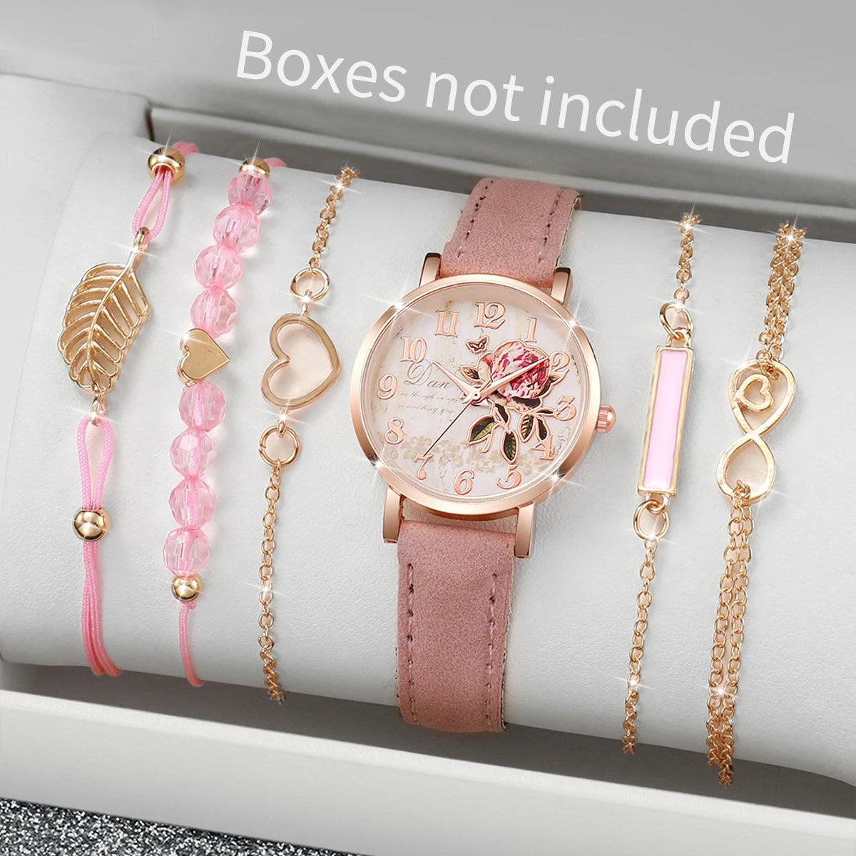 6pcs/set Fashion Women Leather Band Rose Dial Quartz Watch with Pink Bracelet Set (Box not Included）