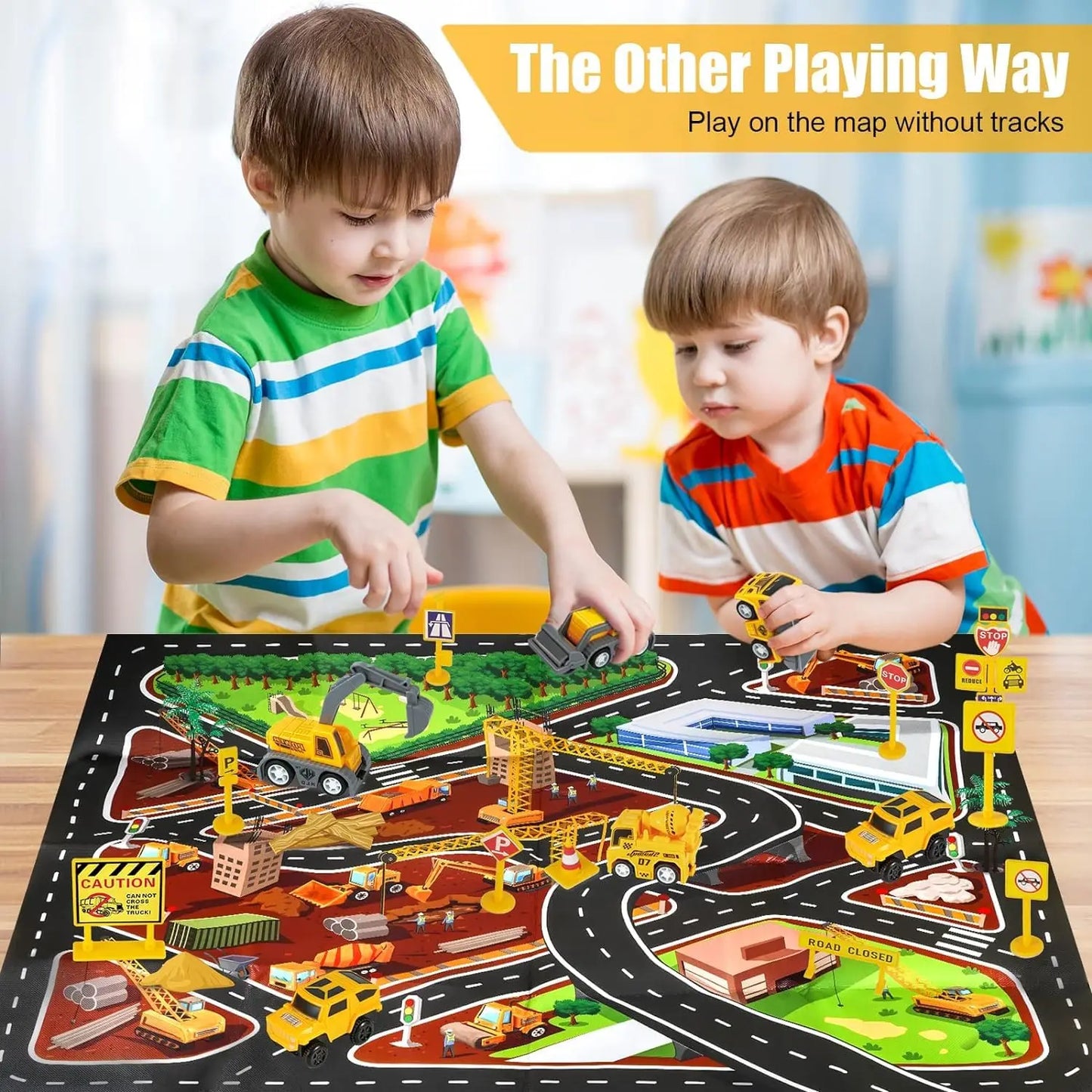 260 PCS Construction Race Tracks for Kids Toys, 2 Electric Cars, 4 Construction Cars, 1 Map & Flexible DIY Track Set for 3+ kids