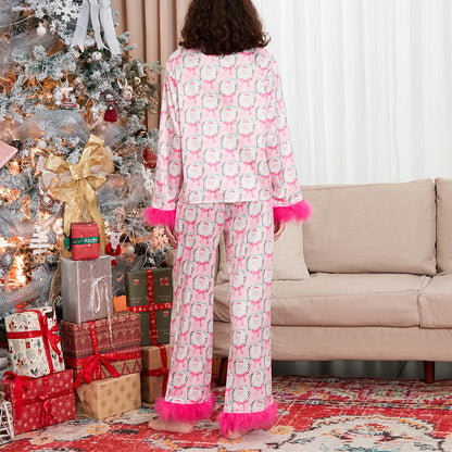 Women Christmas Pajama Sets Outfits Fur Cuffs Santa/Bow Print Long Sleeve Button Shirts and Elastic Pants 2 Piece Set Streetwear