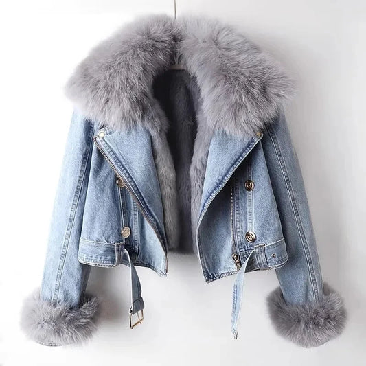 2024 Autumn Winter New Detachable Faux Fox fur Rabbit fur inner lining Denim Jacket Women's Short Top Female Warm Parker Outwear