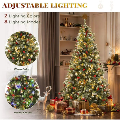 Christmas 6FT Christmas Tree, 818 Plush Frosted Tips, 250 Lights, 58 Pine Cones and 58 Red Berries, Suitable for Holiday Parties