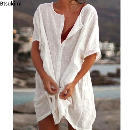 2024 Women's Cotton Linen Beach Dress Solid Summer Casual Cover-ups Midi Dresses Soft Loose Tunics Female Shirt Dress Robe S-5XL