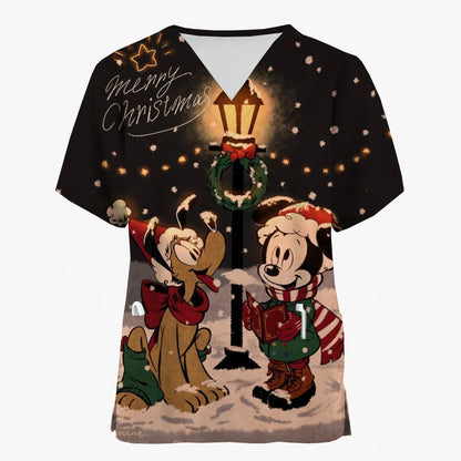 Disney Mickey Mouse Minnie print Christmas Scrub Tops Women Dentist Work Uniform Nurse Scrub Uniforms Medicals Dental Hospital