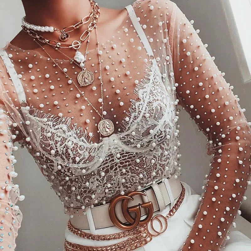 Women's Hot Diamond Bead Perspective Mesh Top Summer Sexy See Through Female Bubble Long Sleeve T-shirts O-Neck Club Party Tops