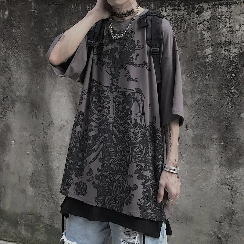 Goth Skull Tshirt print Tops women Punk Short sleeve Oversized T-shirt men Japanese Harajuku Grunge Streetwear Woman clothes y2k