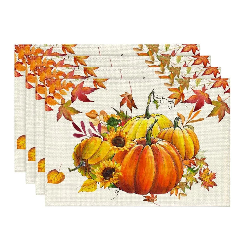 4PCS Thanksgiving Day Table Placemats 30*45cm Linen Autumn Pumpkin Maple Leaf Printed Dining Table Mat Festive Table Decoration