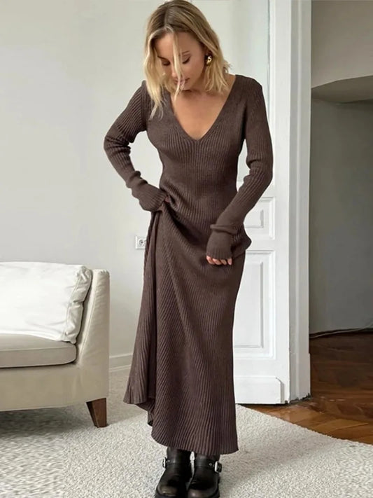 Solid Knitted Ribbed Long Dress Women Slim V-neck Long Sleeve Elegant Female Dresses 2024 Autumn Lady Casual High Street Robes