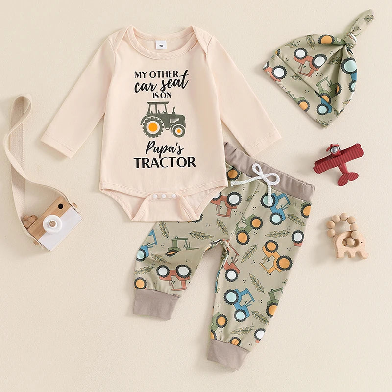 2024-06-01 Lioraitiin 0-18M Baby Boy Fall Outfit Letter Print Long Sleeve Romper and Tractor Print Pants Hat Spring 3 Piece Set