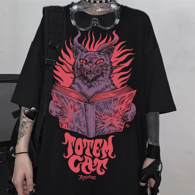 Summer Harajuku Goth Cat Y2k Harajuku Tops Women T Shirt Summer Print Short Sleeve Loose Plus Size Clothes Oversized T-shirt