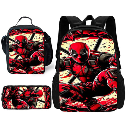 Child Schoo Deadpools Super Heroes Backpack with Lunch Bags ,Pencil Bags ,School Bags for Boys Girls Best Gift