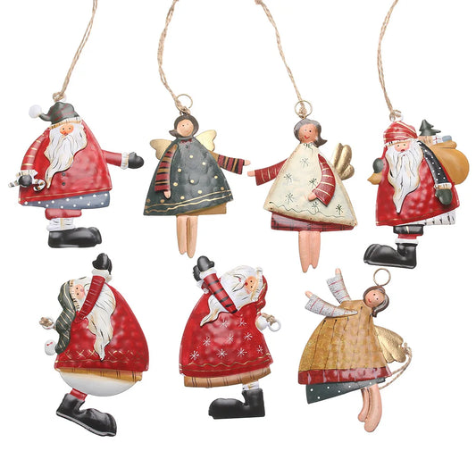 Retro Metal Xmas Tree Embellishment Welcome Door Hanging Pendants Santa Claus Cartoon Angel Doll Drop Ornaments Christmas Decor