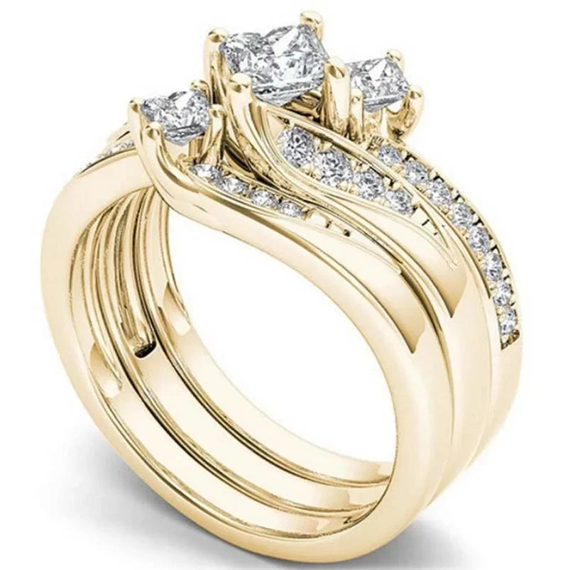 Princess 3Pcs set Charm Yellow   Ring Anniversary  Engagement Bridal Wedding Rings Jewelry For Women