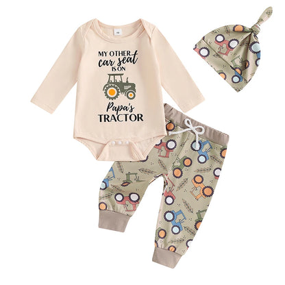 2024-06-01 Lioraitiin 0-18M Baby Boy Fall Outfit Letter Print Long Sleeve Romper and Tractor Print Pants Hat Spring 3 Piece Set