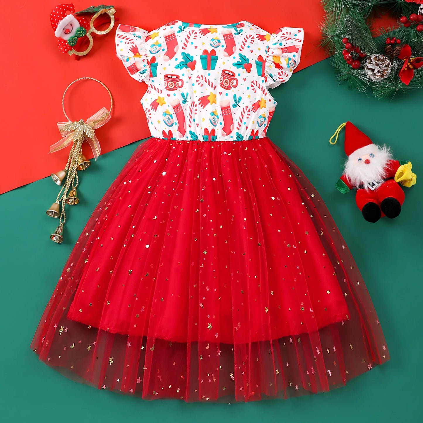 New Christmas Kids Girls Dress Summer Short Sleeve Bow  Gauze Children Dress Casual Soft Ventilate Sweet Girls Clothing 2-7Y