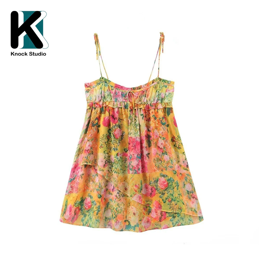 Knock New Trendy Style Floral Pattern Print Summer Dress for Women Female Cute Sexy Garden Strap Dress Lazy Style