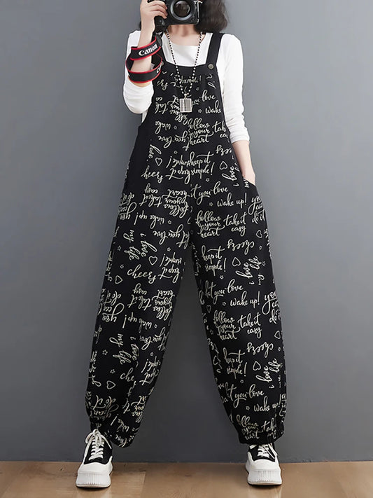 Fall Fashion Trouser Women Letter Print Loose Casual Cargo Cotton Denim Pants Female Simple Vintage Comfortable Lantern Jumpsuit