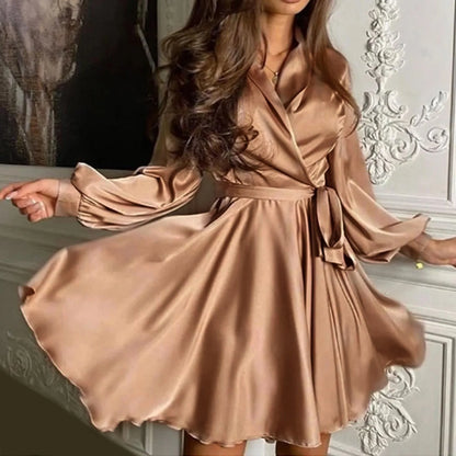 Elegant and Luxury Green Satin Party Dress for Women 2024 New Fashion V-neck Wraped Lace Up A-line Mini Dress Elegance Robes