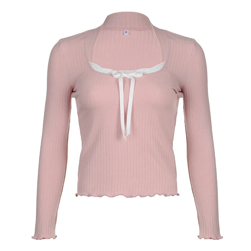 Darlingaga Korean Pink Sweet Knit Women's Tee Shirt Slim Coquette Clothes Lace Patched Bow Top Casual Autumn T shirts Frill New