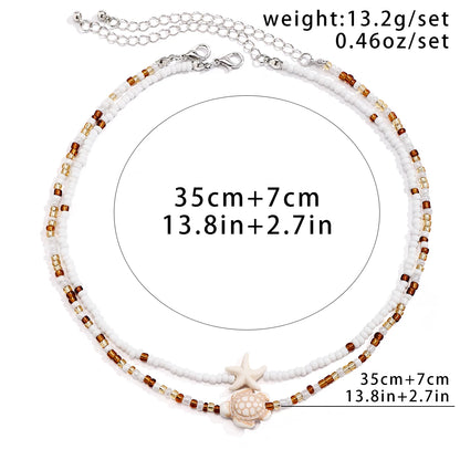 Salircon Bohemian Double Seed Bead Chain Clavicle Necklace Vintage Acrylic Turtle Starfish Pendant Choker Women's Beach Jewelry