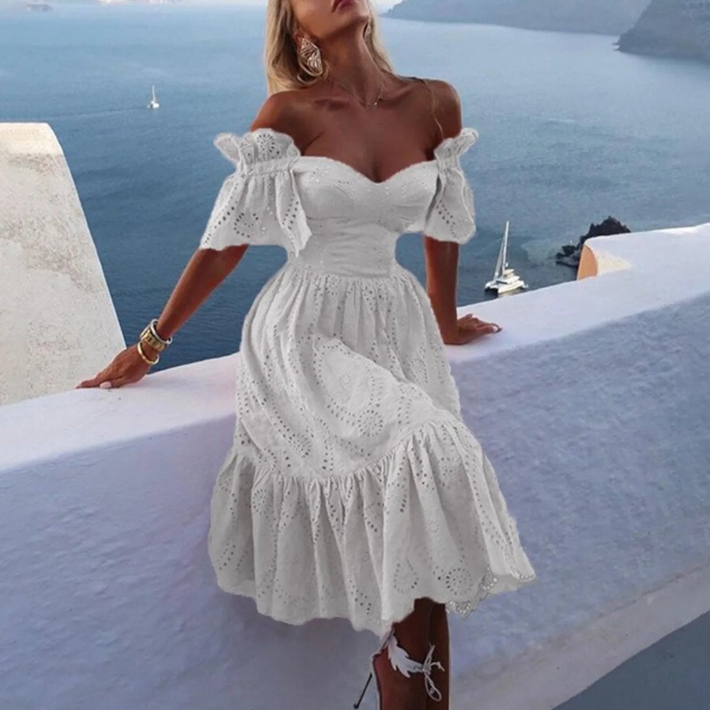 Sexy Off Shoulder Summer Dresses for Women Boho Hollow Out Crochet Ruffled Party Dress White Elegant Formal Vacation Long Dress