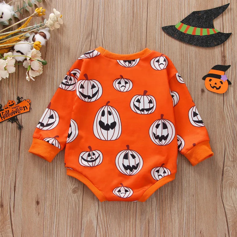 Halloween New Born Baby Girl Boy Bodysuit Fall Winter Clothes Evil Pumpkin Print Long Sleeve Crew Neck Bottom Snap Cute Jumpsuit