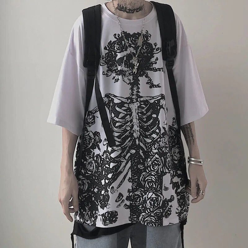 Goth Skull Tshirt print Tops women Punk Short sleeve Oversized T-shirt men Japanese Harajuku Grunge Streetwear Woman clothes y2k