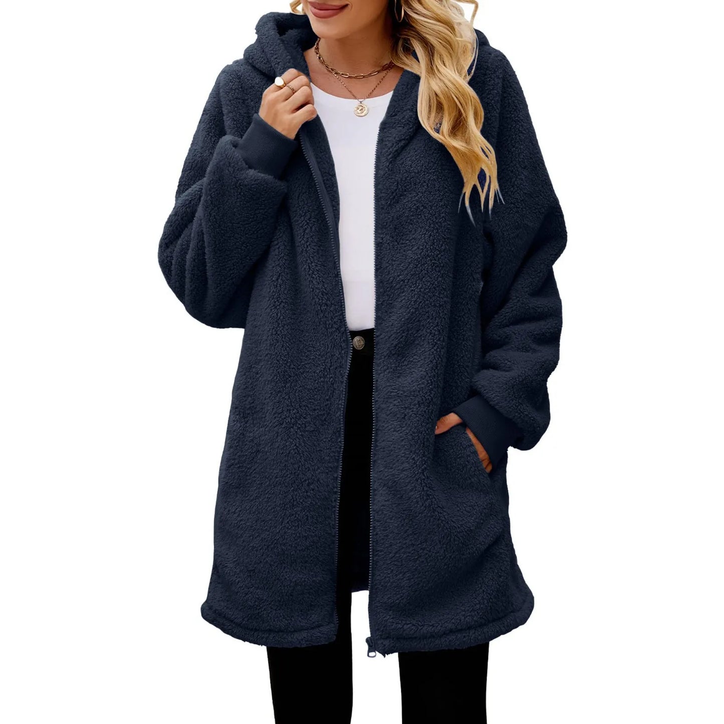 Women's Oversized Plush Jacket Solid Color Zippers Hooded Streetwear Cardigan Autumn And Winter Fleece Outerwear Chaquetas