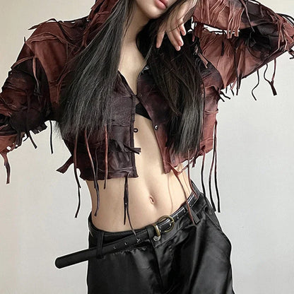 Goth Dark Fairy Grunge Y2k Tassel Hooded Cardigans Vintage Gothic Long Sleeve Women Blouses Streetwear Single-breasted Crop Tops