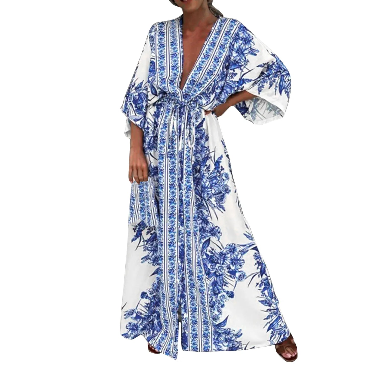 V Neck Half Sleeve Long Dress Lace Up Vintage Printed Large Hem Dresses Womens Casual Summer Dress Loose Long Robe Vestidos