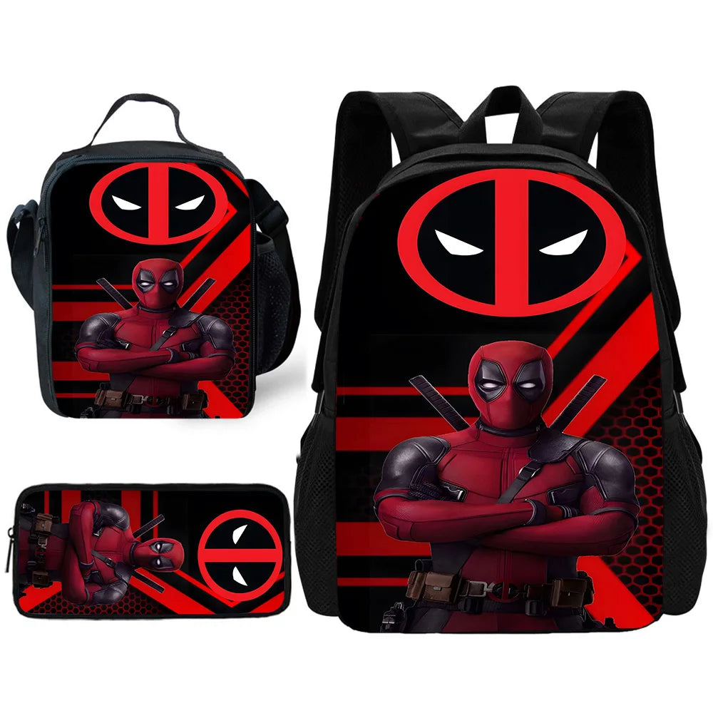 Child Schoo Deadpools Super Heroes Backpack with Lunch Bags ,Pencil Bags ,School Bags for Boys Girls Best Gift