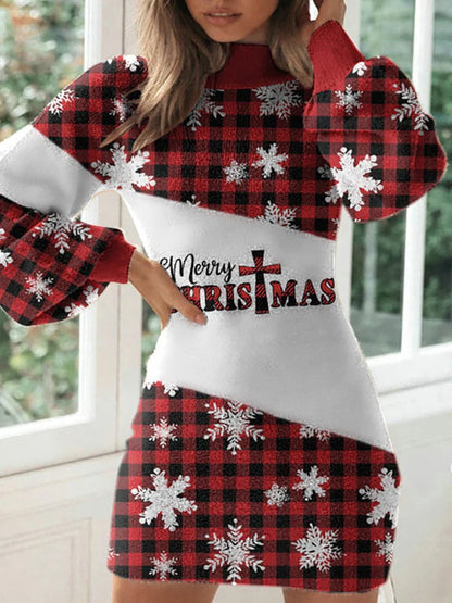 Women Christmas Printing Lantern Sleeve Flannel Party Dress Female Round Neck Sexy Slim Mini Dress Autumn Winter Warm Vestidos