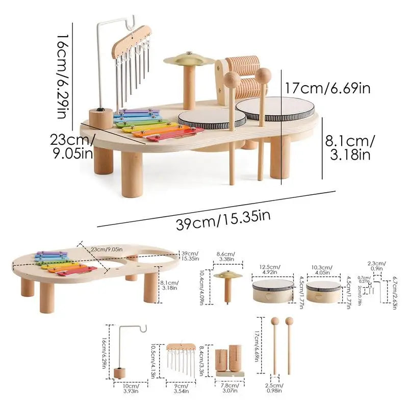 Kids Drum Set Montessori Educational Wooden 7 In 1 Sensory Musical Toys Wooden Musical Kit Sensory Toys For Boys Girls Kids Ages