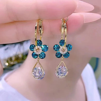 Exquisite Flower Dangle Earings Shiny Full Rhinestones Crystal Drop Earrings Women's Fashion Party Wedding Ear Jewelry Gifts