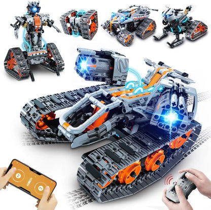 HOGOKIDS Remote Controlled Toy with LED Light-5 in 1 Robot Tracked Racer with App&Remote Control 604 Pieces Tank Car Toys for 6+