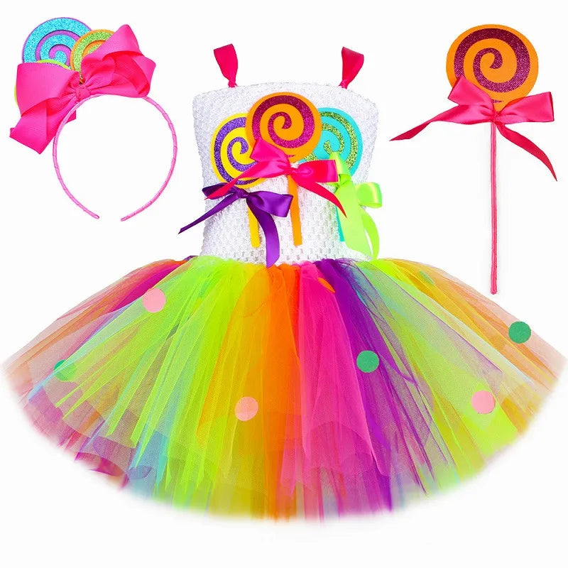 Rainbow Candy Lollipop Costume for Girls Birthday Party Tutu Princess Dress Ball Gown Kids Carnival Christmas Halloween Clothes