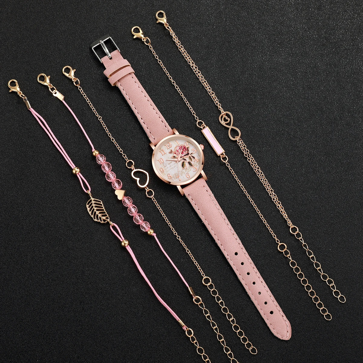 6pcs/set Fashion Women Leather Band Rose Dial Quartz Watch with Pink Bracelet Set (Box not Included）