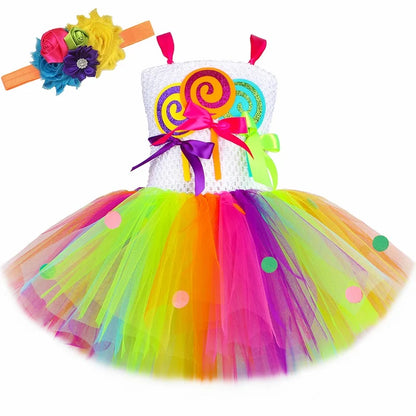 Rainbow Candy Lollipop Costume for Girls Birthday Party Tutu Princess Dress Ball Gown Kids Carnival Christmas Halloween Clothes