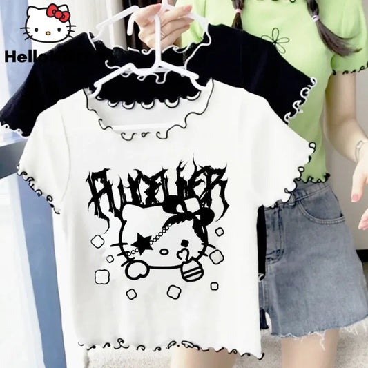 Sanrio Hello Kitty Goth Punk Trend Women Crop Tops Y2k Vintage Fashion Korean Cartoon Tees Black White Loose Girl T-shirt Tops