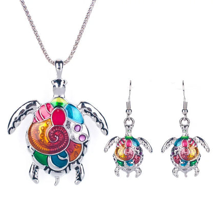 Women's Fashion Jewelry Rainbow Turtle Necklace Earring Set Luxury Unique Design Pendant Necklace Jewelry Engagement Gifts 2022